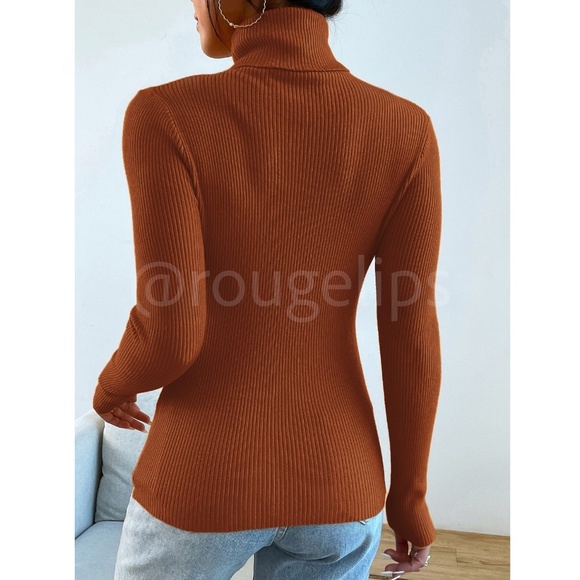 Burnt Orange Rib-Knit High Neck, Turtleneck Long Sleeve Slim Fit Sweater Top - Picture 3 of 9
